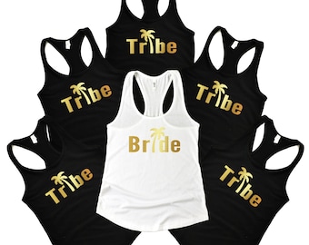 Tanques de despedida de soltera tanques de dama de honor negro y oro racerback camisetas de la fiesta nupcial camisas sin mangas novia tribu palmera