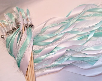 100 wedding wands white and aqua with bells send off ribbons you choose colors