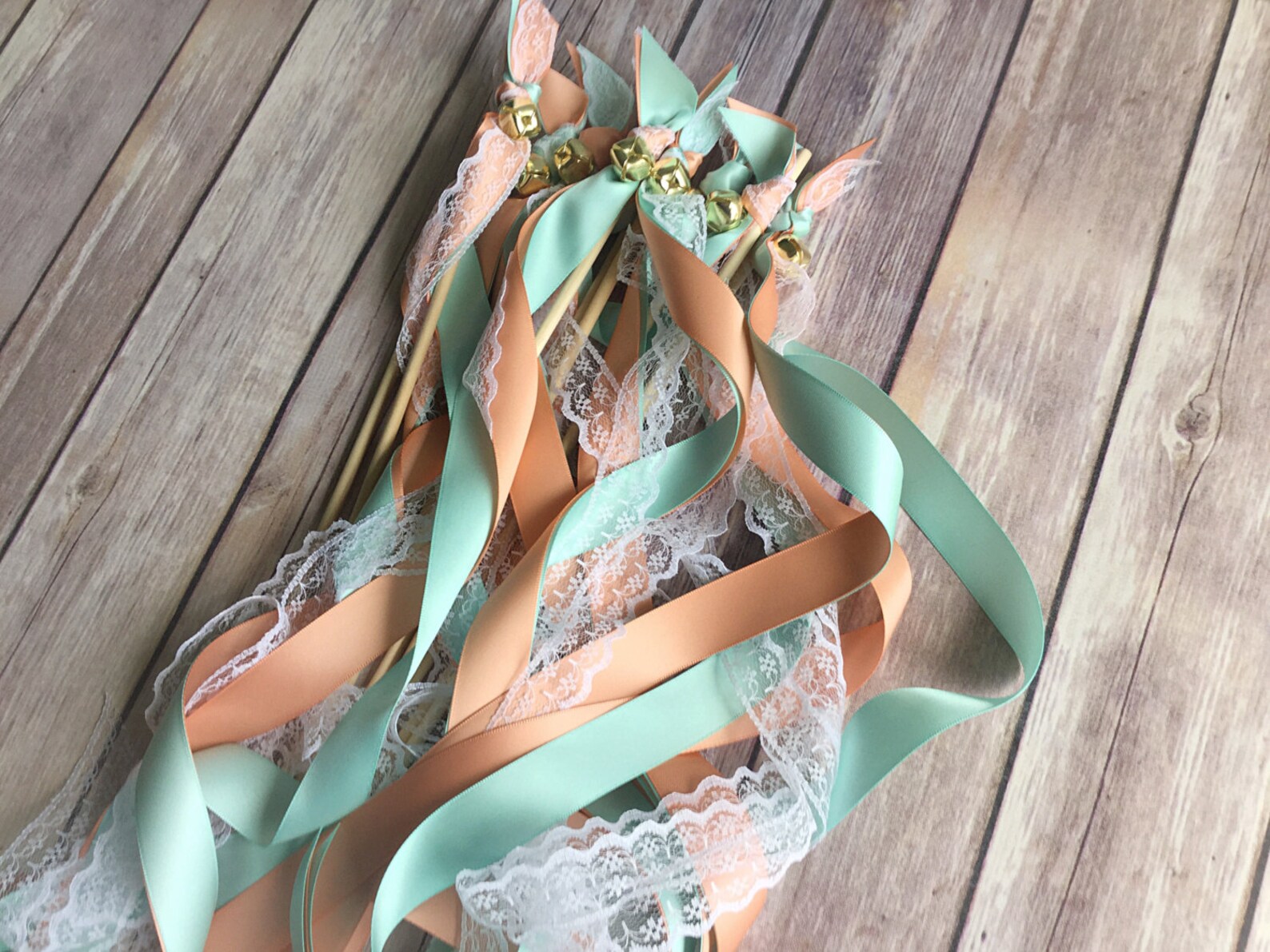 125 Ribbon Wand Send off Aqua Peach and Lace Wedding Wands Etsy