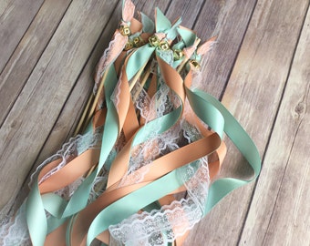 100 ribbon wand send off aqua peach and lace wedding wands with bells with personalized with tags