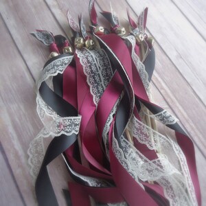 125 wedding wands wine black beige lace send off ribbons with bells
