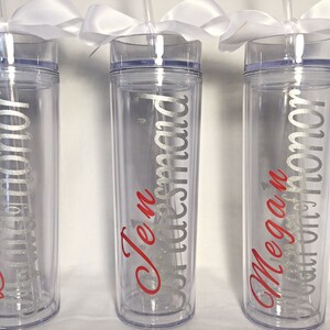 Personalized Bridesmaid skinny tumbler with glitter vinyl gift set wedding party gift acrylic tumbler cups