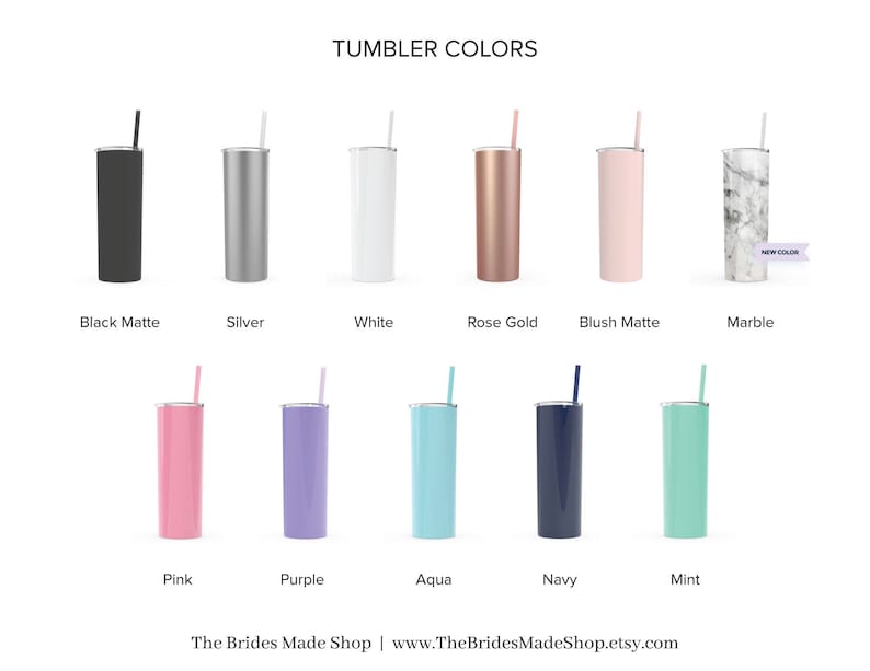 Puede incluir: Tabla de colores de vasos mostrando 11 colores diferentes: negro mate, plata, blanco, oro rosa, mate ruborizado, m&aacute;rmol, rosa, morado, aguamarina, azul marino y menta.