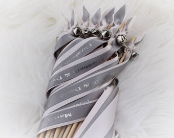 125 personalized ribbon wands, gray and blush wedding wands, wedding exit idea, wands with bells, ribbon wedding favors