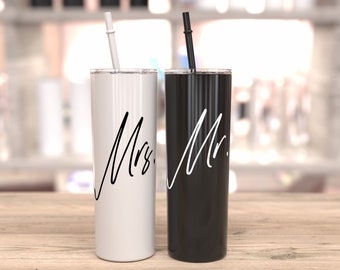 Mr. and Mrs. tumblers bride and groom gift idea wedding day gift bridal shower gift idea black and white tumbler