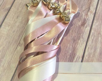50 shimmering Wedding ribbon wands ivory and rose gold ribbon and bell send off ribbon