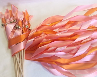 200 Wedding wands orange coral and pink triple streamers with bells send off ribbon you choose colors