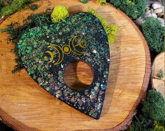 Green to Purple Glitter and Black Ouija Planchette, Gold Moon Phase