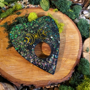 Green to Purple Glitter and Black Ouija Planchette, Gold Moon Phase