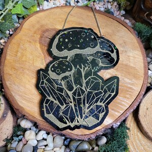 Black with Gold Holo Flakes Mushroom and Glitter Crystal Cluster Wall Hanging