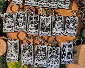 Mini-porte-clés cartes de tarot scintillants noirs galaxie