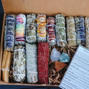 12 PIECE Sage Stick Set - Smudge Stick Gift box with variety sage, cedar, Palo Santo, Yerba Santa, Lavender sage, 3 x natural gemstones