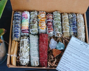 12 PIECE Sage Stick Set - Smudge Stick Gift box with variety sage, cedar, Palo Santo, Yerba Santa, Lavender sage, 3 x natural gemstones