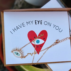 目の保護ネックレス付きアイハートグリーティングカード、ジュエリー付き「I’ve got my Eye on You」バレンタインデーカード、邪眼「オジョ」グリーティングカード