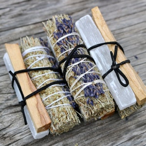 Lavender and Sage Stick Bundle, Palo Santo, Selenite Gemstone, Cleansing Kit with Mini White Sacred Sage , house warming gift