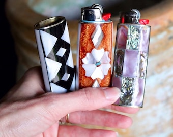 Estuche para encendedor elegante, estuche para encendedor plateado con concha de abulón, funda para encendedor personalizada, funda para encendedor con piedras preciosas, estuches para encendedor al por mayor