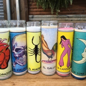 Wholesale 6 x Mexican Bingo Lotería Prayer Candles, Mexican fiesta, Prayer Candles, Bingo, Loteria game, unique party favor, Velas, Fiesta