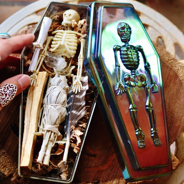 Coffin Shaped Cleansing Kit, Sage Wand,  Love Kit, Death Kit Goth Gifts, Stash box, Herb box, Prayer Kit, Healing Gift, Creepy Unique Gift