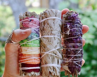 3 Pack Smudge Stick with Chakra Rose Petal Sage, White Sage & lavender Sage smudge sticks for cleansing, natural incense, floral sage bundle