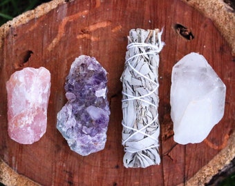1 Sage Stick + 1 Raw Gemstone Spiritual Cleansing Bundle, White Sacred Sage Smudge Stick with healing Gemstone, house warming gift