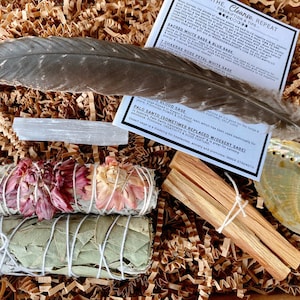 Beginner Smudge Kit gift box with feather, abalone shell dish, gemstone and choose 2 x cleansing sticks - dried flower sage, sage sticks