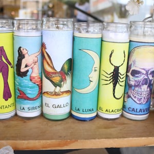 Mexican Bingo Lotería Prayer Candles, Mexican tarot cards, Prayer Candles, bingo fiesta party favor, luna, mermaid, moon, skull Candle