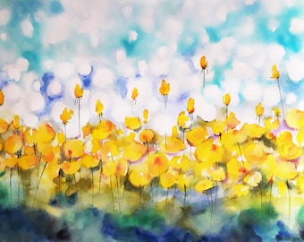 May include: Watercolor painting of yellow flowers with green stems and leaves. The flowers are in the foreground, with a blurred blue and white background. The painting has a soft, dreamy quality.
