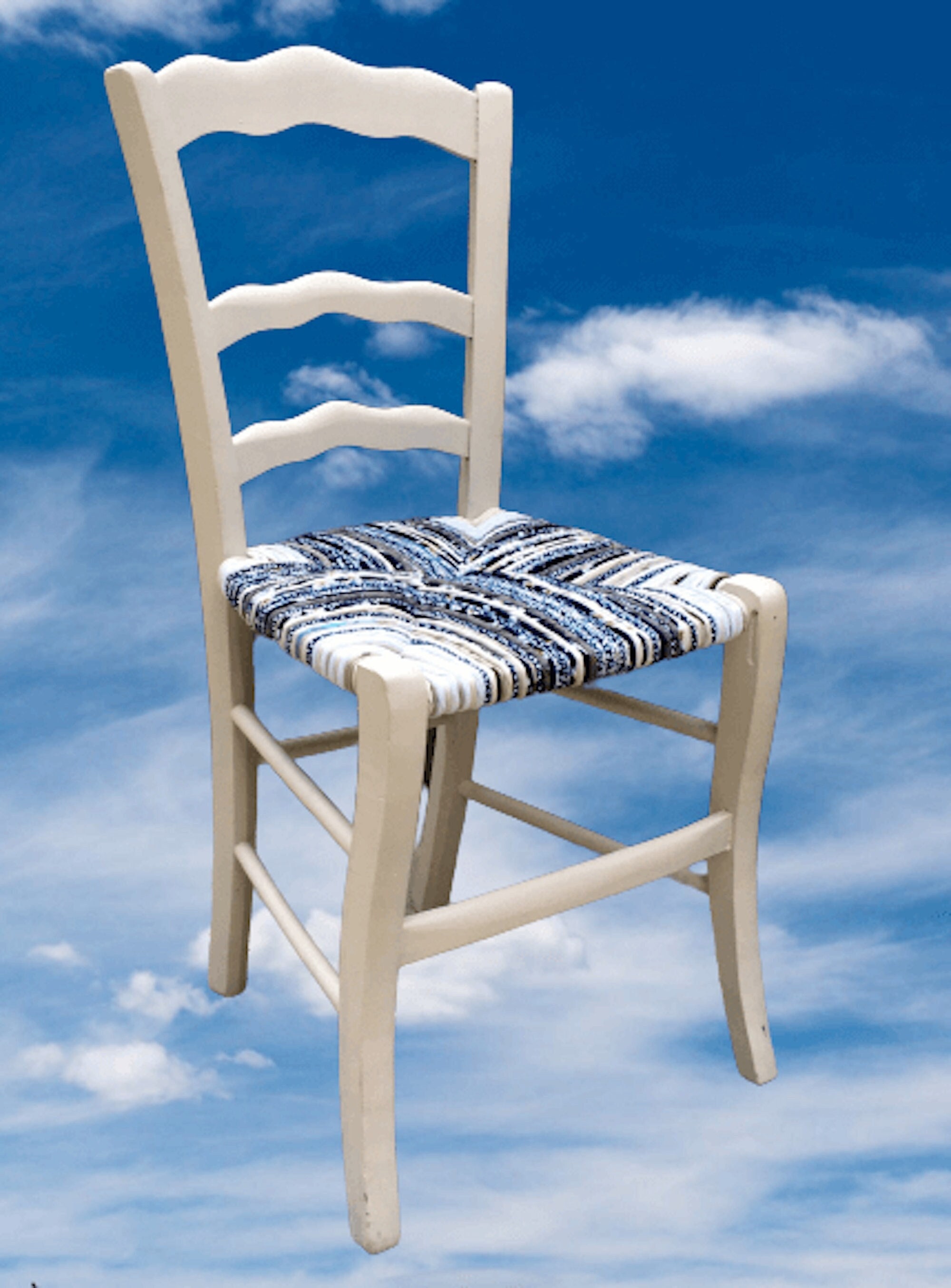 Chaise Ancienne Paillée en Torons de Tissus Dans Les Tons Bleus, Verts, Turquoise, Écrus, Gris. Coll