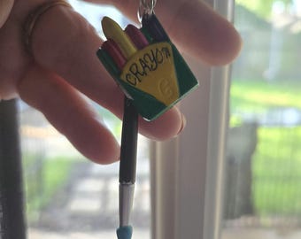 Upcycled toy paintbrush and crayon pin Keychain | Nostalgic Retro Toy Bag Charm | Accessory | Art | teacher gift