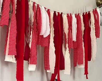 Party Decor/ Christmas Tassel Bunting Red and White Rag Garland/ Rag Bounting Rainbow Garland Ribbon Bunting each meter includes 20 Tassels
