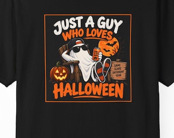 Just a Guy Who Loves Halloween T-shirt, Halloween Skeleton Pumpkin Design, Comfort Colors