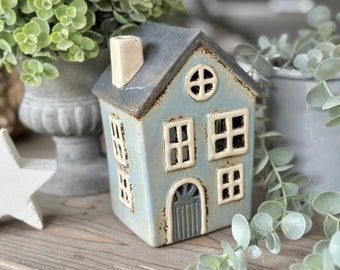 Pale Blue Ceramic House /Cottage Candle Holder