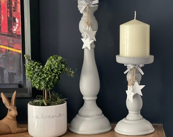 Tall Grey Wooden Candlestick with Stars