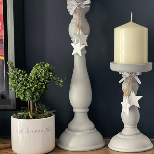 Tall Grey Wooden Candlestick With Stars Etsy