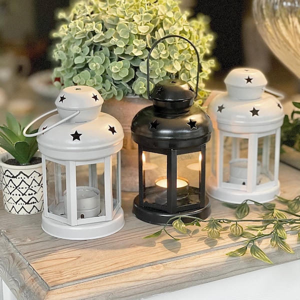 Vintage Metal Candle Lantern - White, Grey or Black