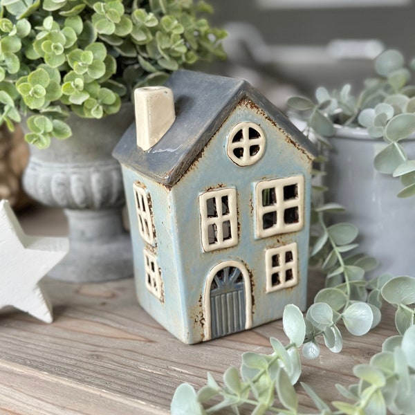 Pale Blue Ceramic House /Cottage Candle Holder