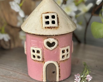 Pink Ceramic Round Village Cottage Candle Holder