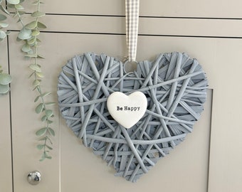 Be Happy Grey Wicker Heart Hanger