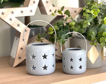 Grey Ceramic Star Cut Lantern - 2 sizes Available