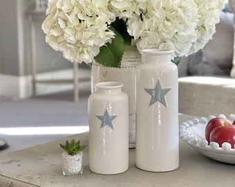White Vase With Grey Star Decal - Available in 2 sizes