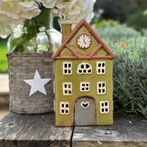 Sage Ceramic House/Cottage Candle Holder - 26cm