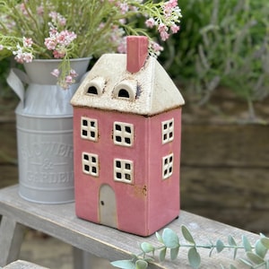 Pink Traditional Village House Candle Holder