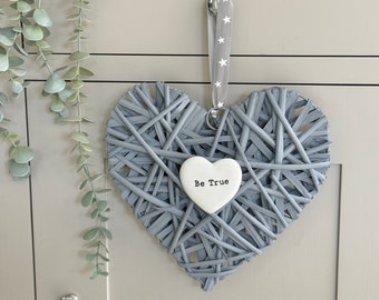 Be True Grey Wicker Heart Hanger