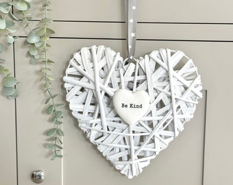 Be Kind White Wicker Heart Hanger