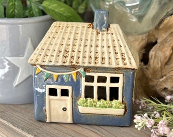 NEW! Blue Bunting Ceramic Tealight House