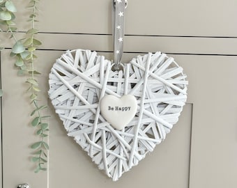 Be Happy White Wicker Heart Hanger