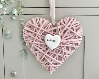 Be Happy Pink Wicker Heart Hanger