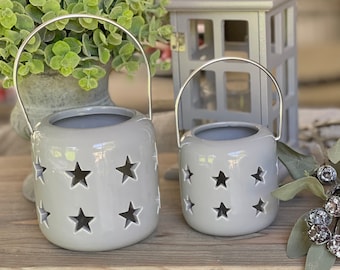 Grey Ceramic Star Cut Lantern - 2 Sizes Available