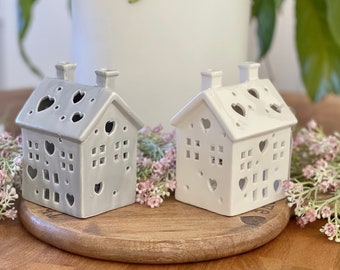 Ceramic Heart House Tea Light - White or Grey