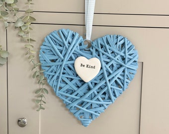 Be Kind Blue Wicker Heart Hanger